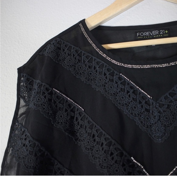FOREVER 21LACE BEADED CHIFFON BLACK BLOUSE IN PLUS X1 - Picture 3 of 9
